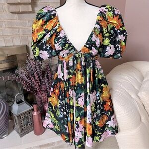 AJE Gabrielle Puff Sleeve Mini Dress Midnight Floral Print